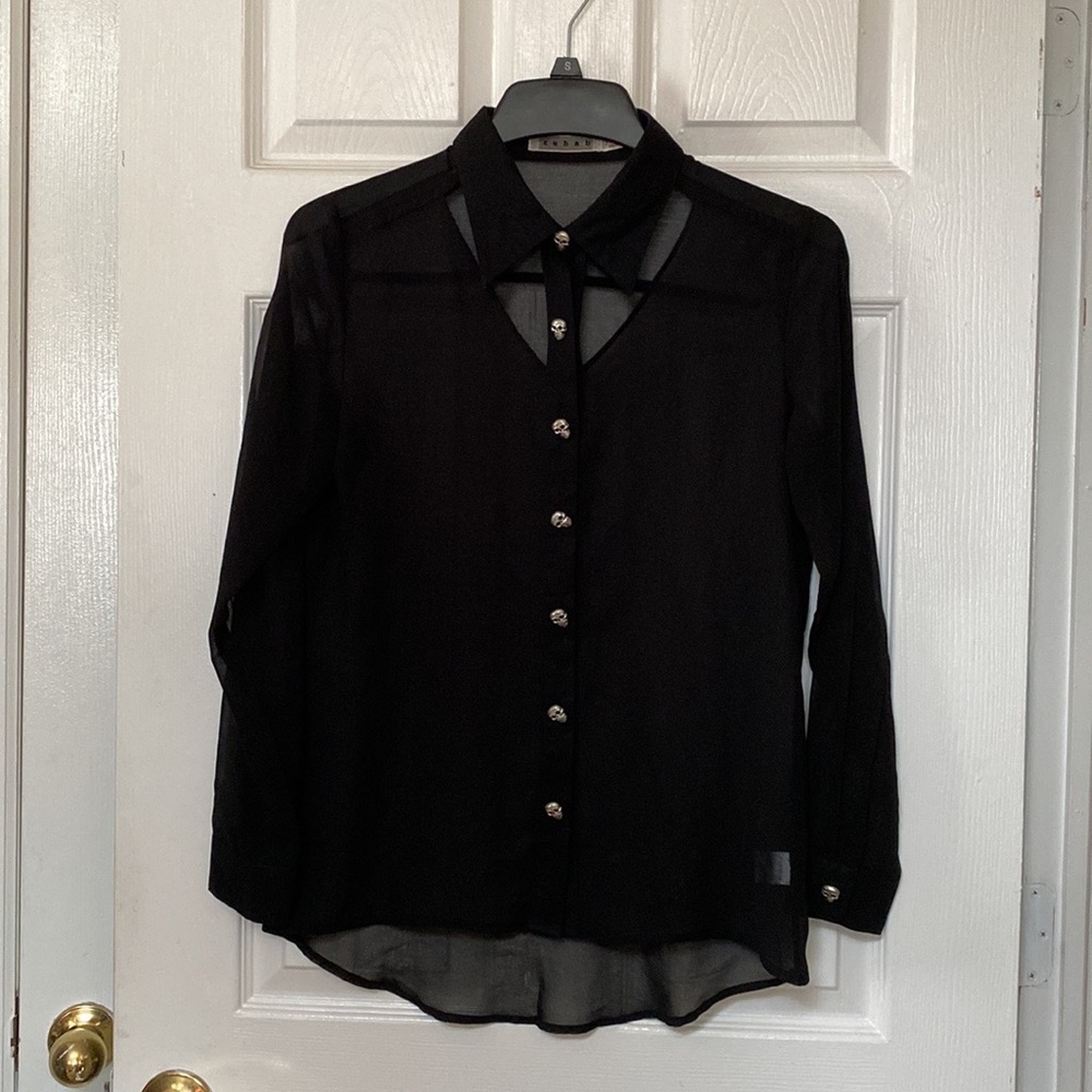 Rehab Black Sheer Button Down Cut Out Blouse Skull Buttons
